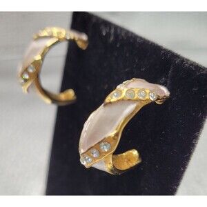 Gold, Pearlized Enamel and Cubic Zirconia Semi-Hoop Earrings